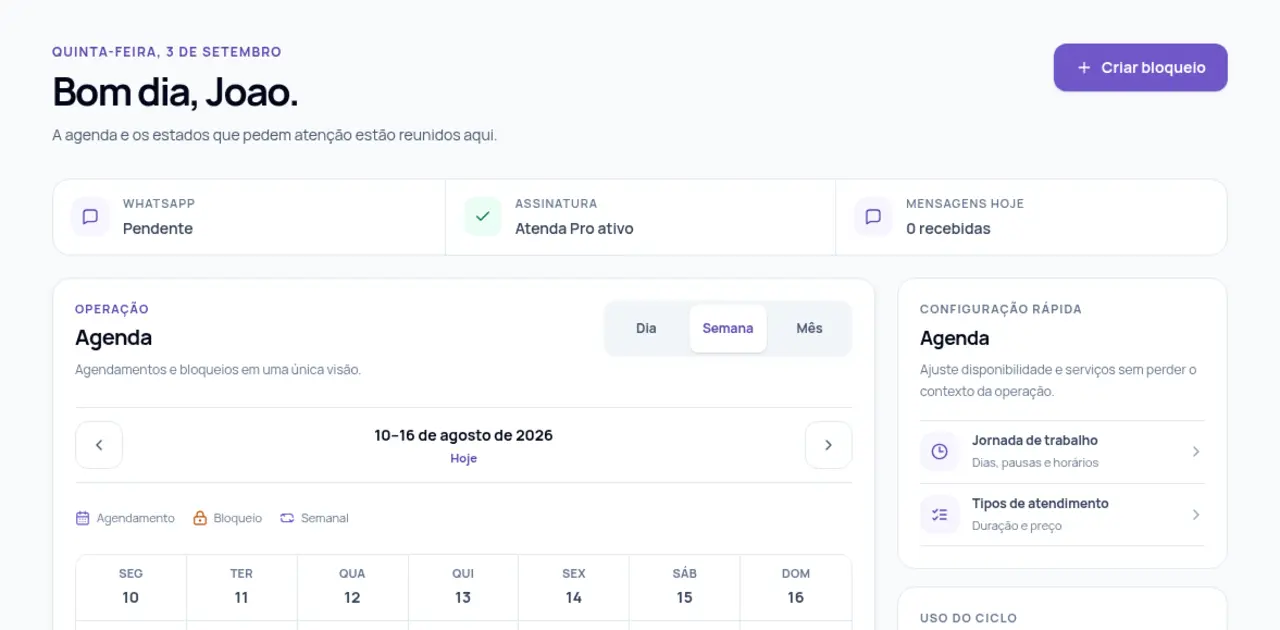 Agenda semanal do Atenda com agendamentos de demonstração